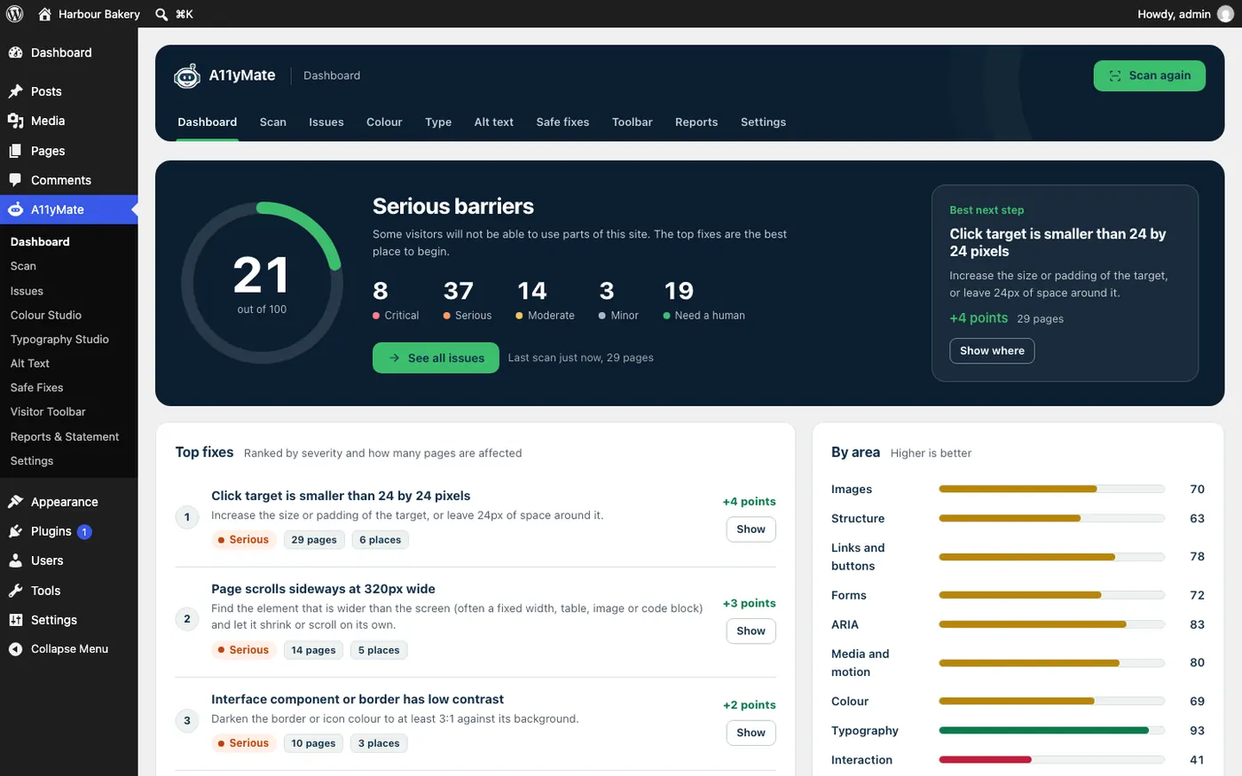A11yMate's dashboard: a summary of the latest scan, with what to fix first