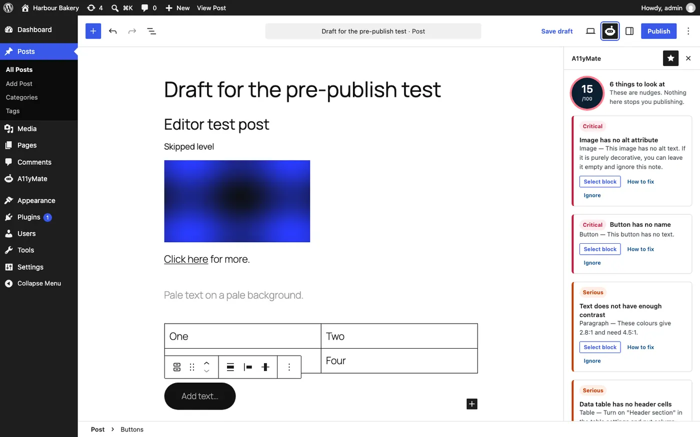 A11yMate's editor assistant in the WordPress block editor: a side panel listing critical and serious problems in the draft, such as an image with no alt attribute and a button with no name