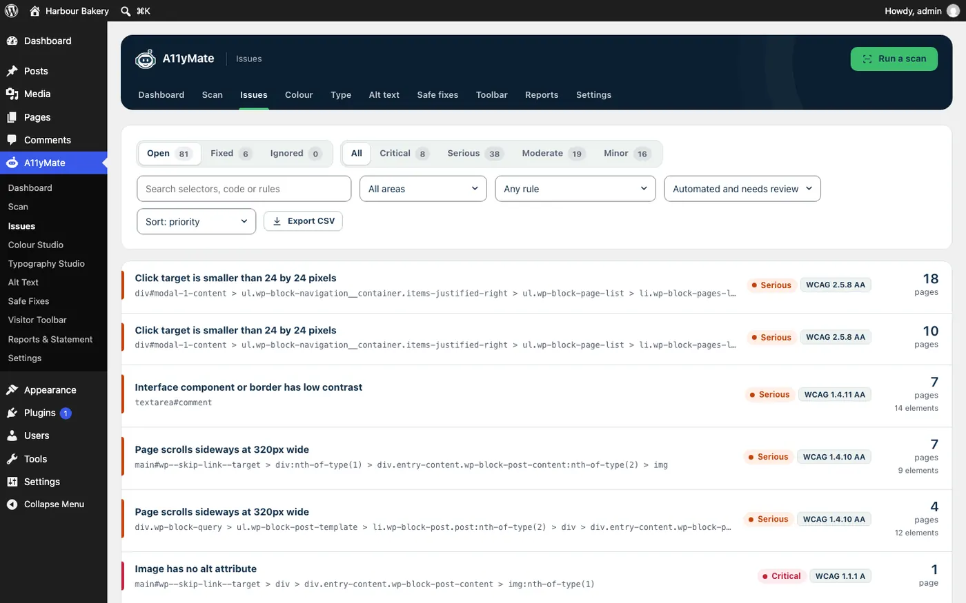 A11yMate's Issues screen in WordPress: a ranked list of problems such as click targets smaller than 24 by 24 pixels, low contrast and an image with no alt attribute, each with its WCAG criterion and the number of pages affected