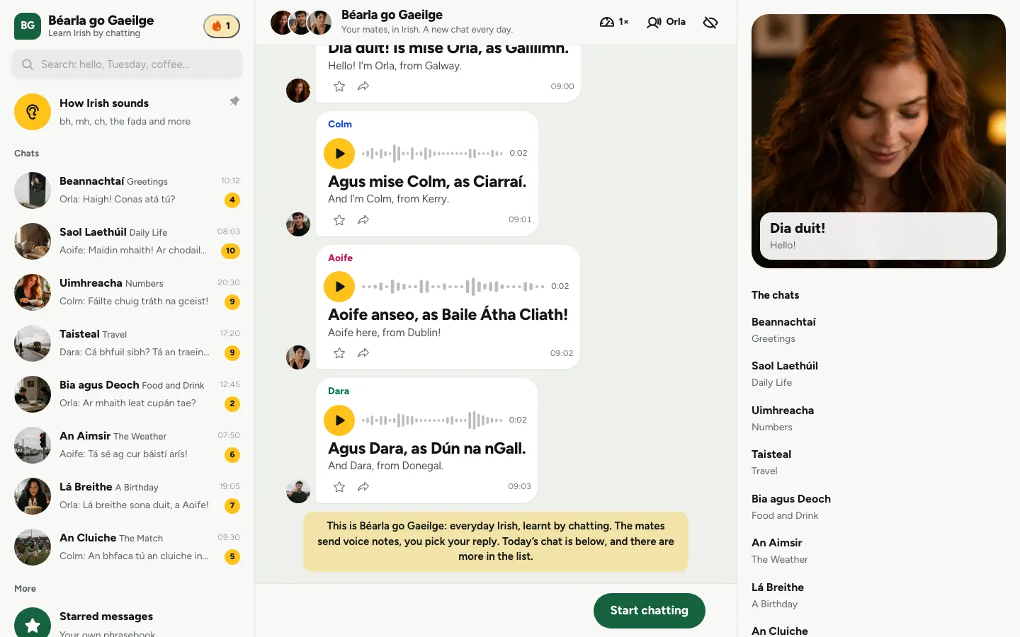 The new Béarla go Gaeilge home page: a chat list and four mates introducing themselves in Irish