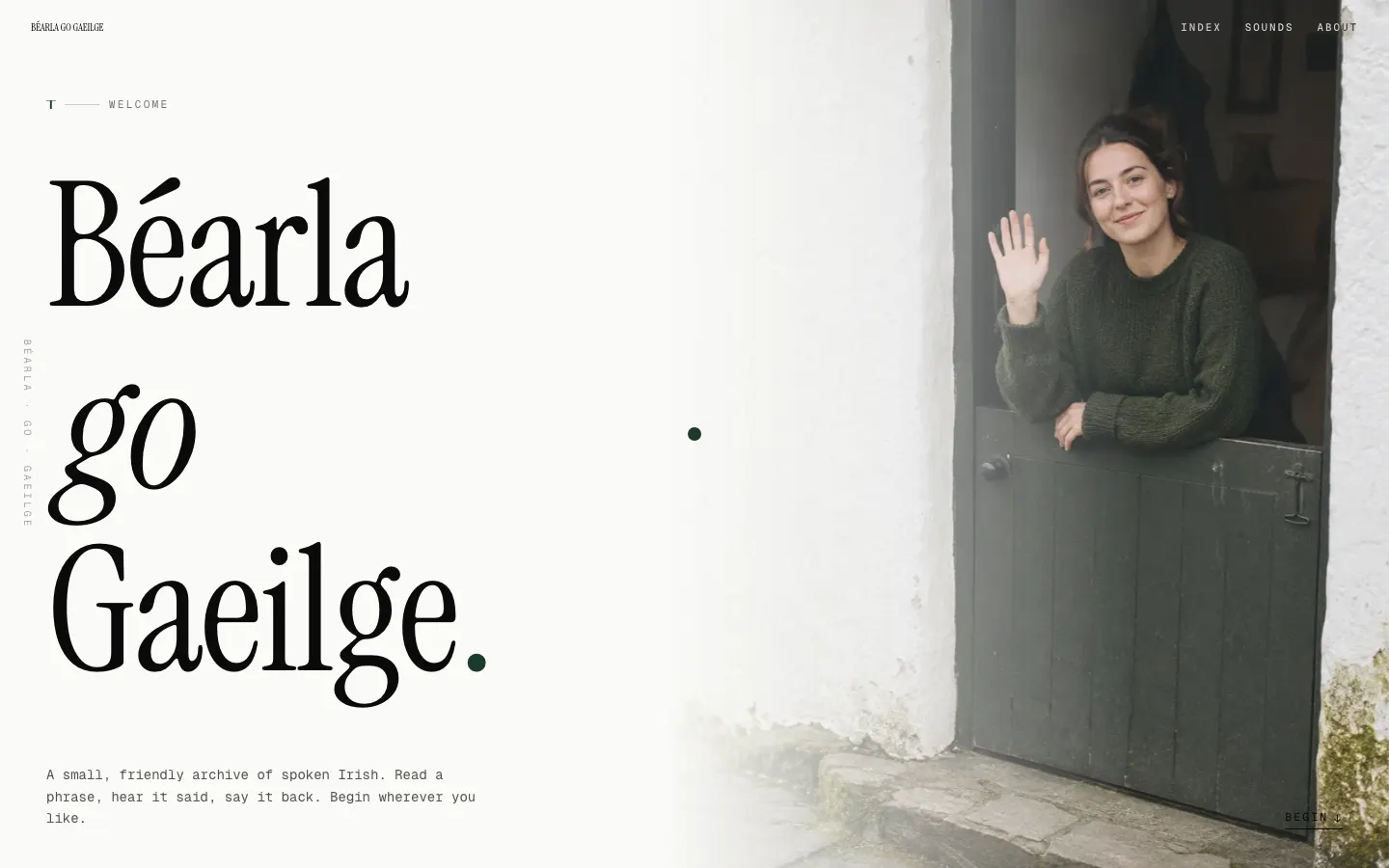 The old Béarla go Gaeilge home page: large serif title and a photo, described as an archive of spoken Irish