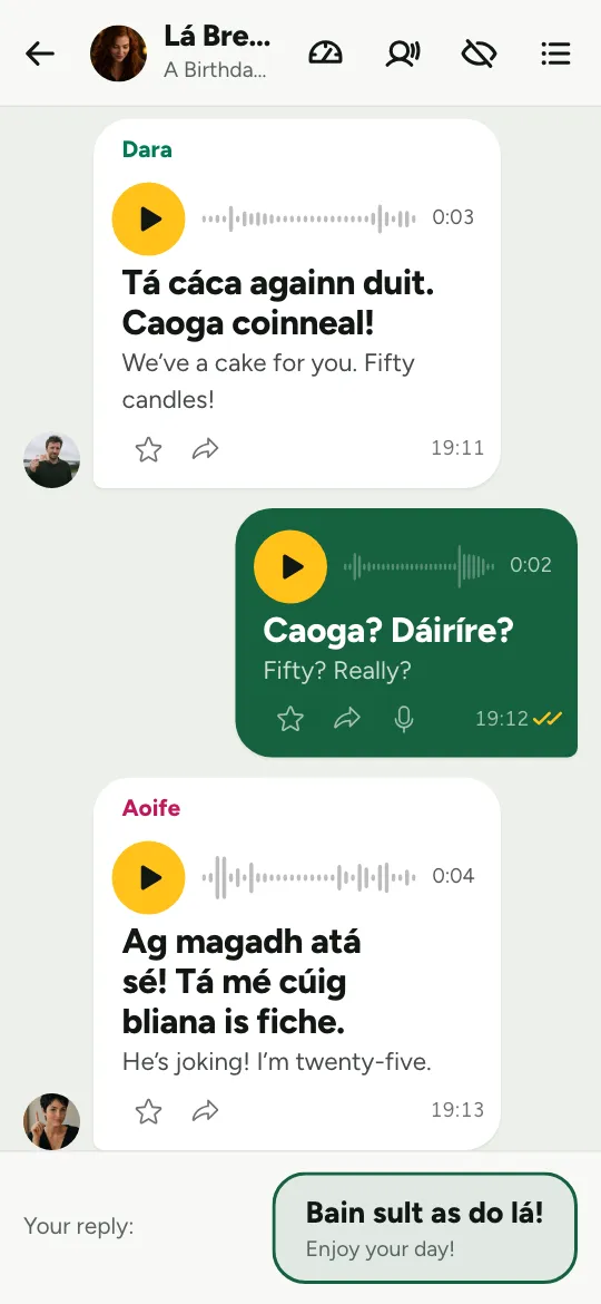 Béarla go Gaeilge - the birthday chat, with a cake and fifty candles