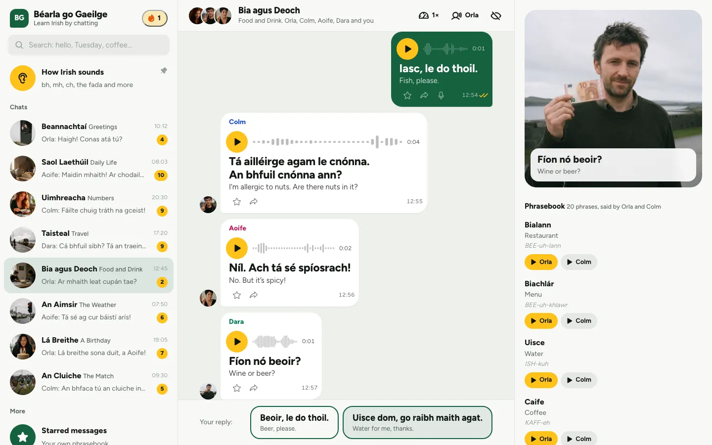 Béarla go Gaeilge - the Food and Drink chat on desktop, with the phrasebook beside it