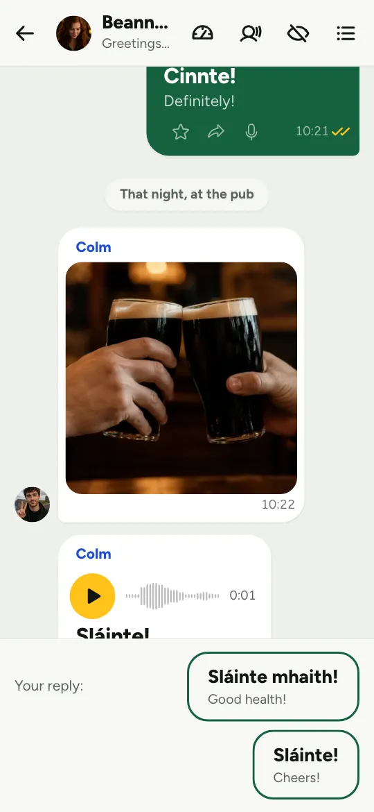 Béarla go Gaeilge - Colm sends a photo of two pints in the Greetings chat