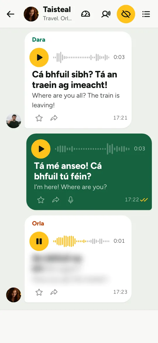 Béarla go Gaeilge - with the words hidden, Orla's line stays blurred while her voice note plays