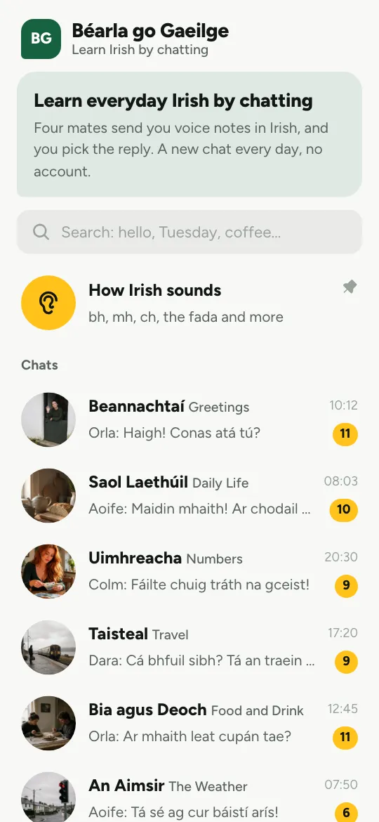 Béarla go Gaeilge - the chat list on a phone, with How Irish sounds pinned at the top
