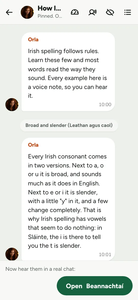 Béarla go Gaeilge - Orla explaining broad and slender consonants in How Irish sounds