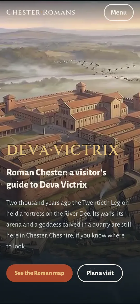 Chester Romans - the home page opening on a painting of the fortress at dawn