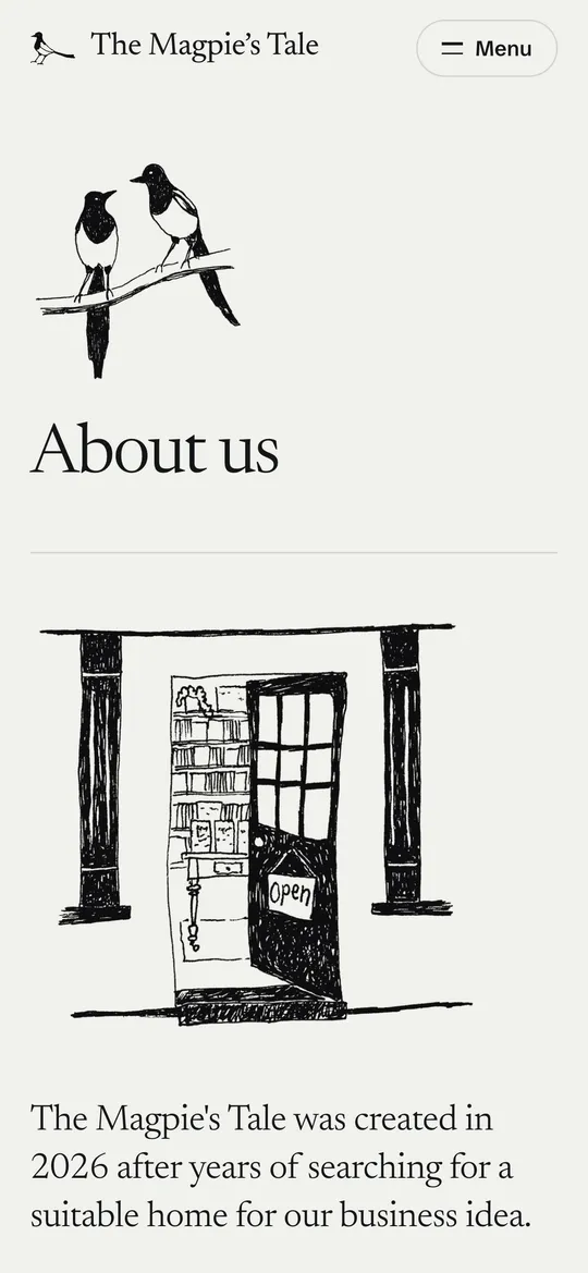 The About page with two magpies on a branch and the shop's open door