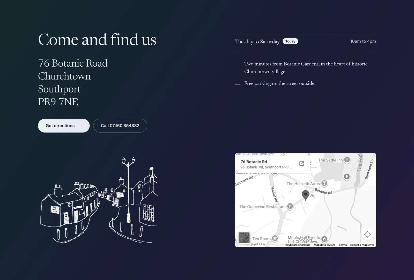 Come and find us: the shop's address, opening hours with today marked, Mark's drawing of the Churchtown street and a map, on a deep blue-violet band