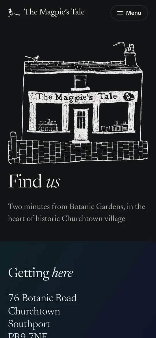 The Find Us page in dark mode, the shopfront drawn in chalk
