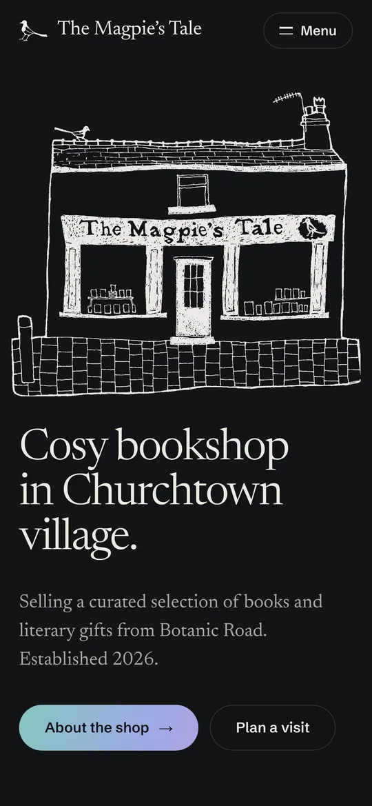 The same homepage in dark mode, the shopfront drawing now in white chalk on slate