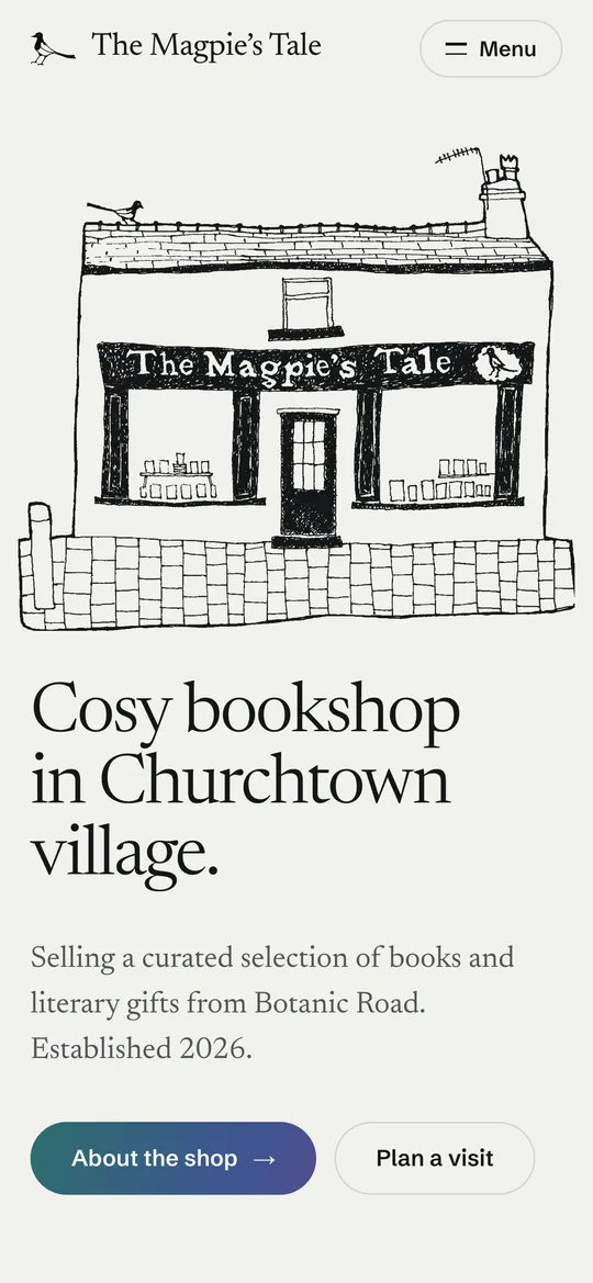 The Magpie's Tale homepage on a phone: Mark's drawing of the shopfront above the headline