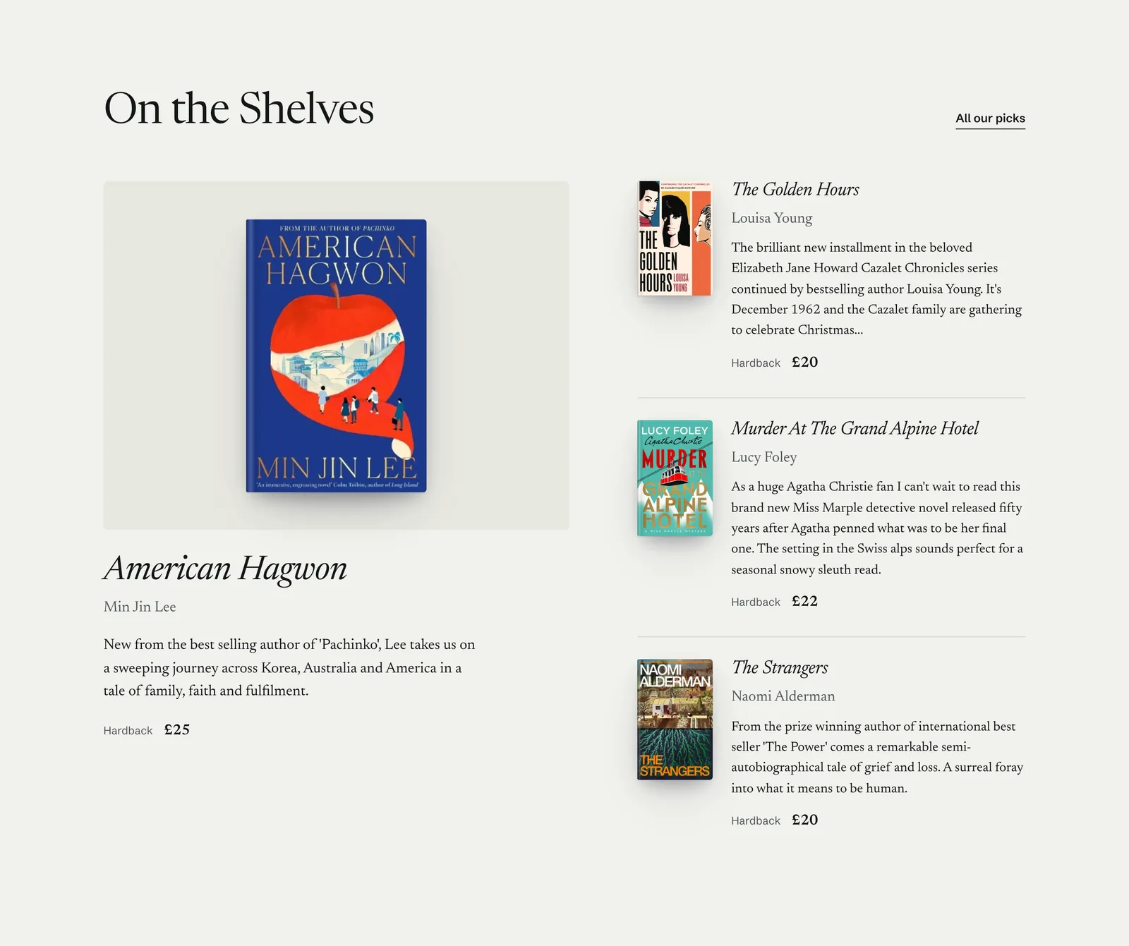 On the Shelves: one featured book with its cover, and three more set like hand-written shelf cards with a note and a price