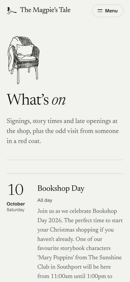 The What's On page with Mark's drawing of a wicker armchair